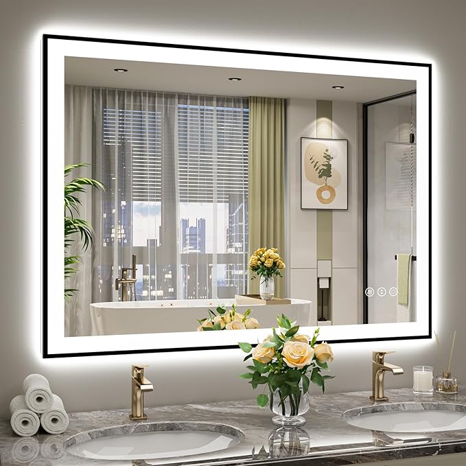 48x36 Inch LED Bathroom Mirror with Lights (Front Lit and Backlit) Black Framed Lighted Vanity Mirror for Bathroom Wall Dimmable Anti-Fog Memory Tempered Glass Horizontal/Vertical