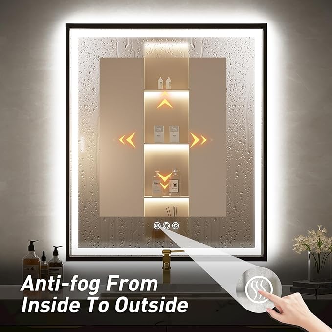 30X36 Inch Black Frame Led Mirror,Backlit and Front Bathroom Mirror with Lights,Wall Mounted Double LED Lighted Anti-Fog Mirror,Stepless 3 Colors Temperature & Dimmable (Horizontal/Vertical)