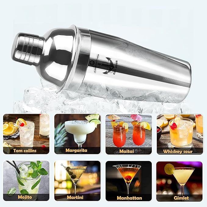 Personalized Cocktail Shaker Set 24oz - Custom Engraved Stainless Steel Martini & Drink Shaker with Built-in Strainer, Measurements & Spoon - Unique Bar Shaker & Mixology Kit for Bartenders (Anchor)