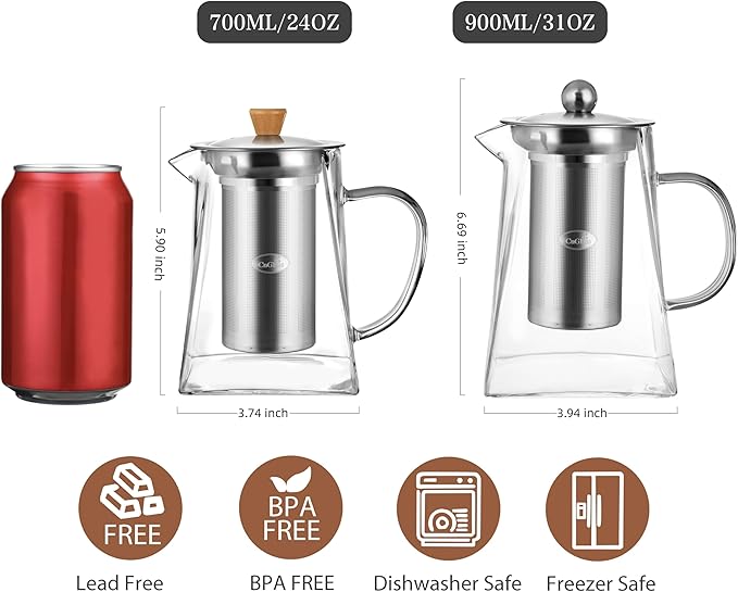 CNGLASS Glass Teapot with Infuser,31oz Clear Glass Tea Kettle with Removable Stainless Steel Strainer,Stovetop Safe Glass Teapot for Blooming and Loose Leaf Tea…