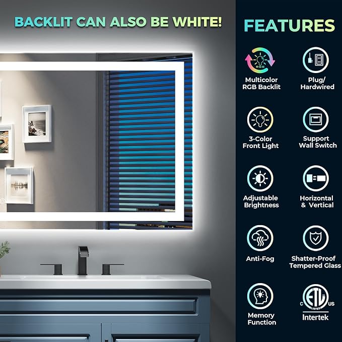 44x30 Inch RGB LED Bathroom Mirror Front Light and RGB Backlit Lighted Vanity Mirror for Bathroom Wall Mounted Dimmable Anti Fog Memory Shatter-Proof IP54 Waterproof Horizontal/Vertical