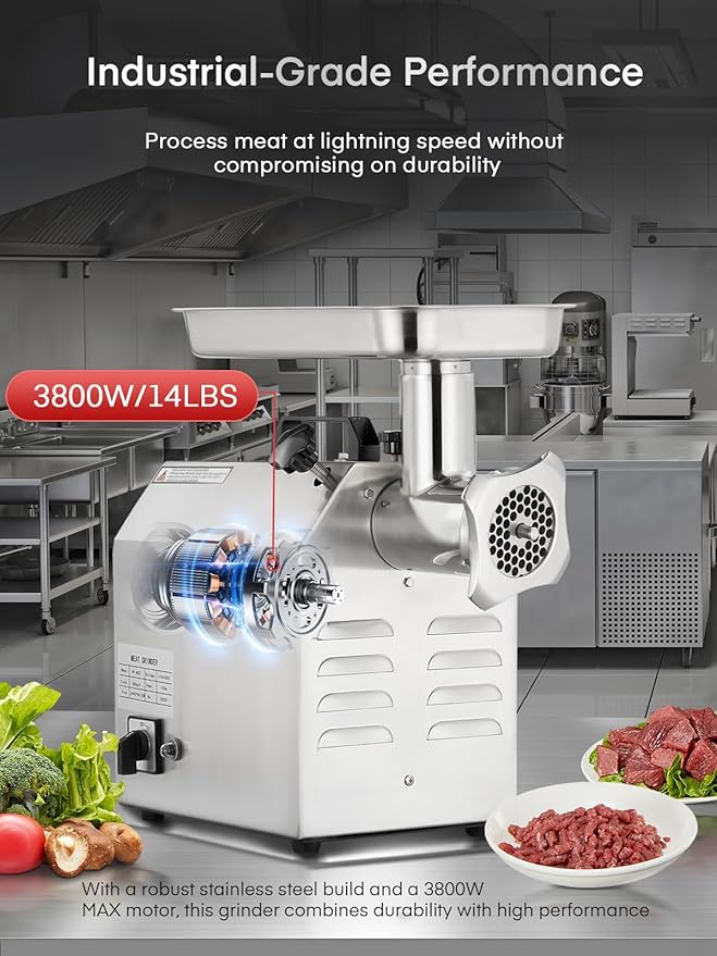 #12 Commercial Meat Grinder, 840 LB/H,1.2HP, Heavy Duty Industrial Meat Grinder, Sausage Stuffing Machine with 2 Stainless Steel Blade, 2 Grinding Plates, Sausage Kit (#12-840LB/H)