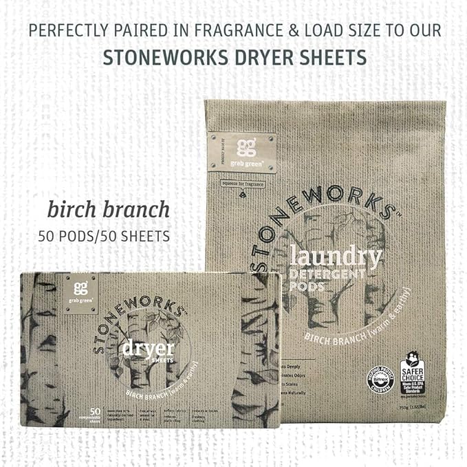 Grab Green Stoneworks Laundry Detergent Pods, 100 Count, Birch Branch Scent, Plant and Mineral Based, Cleans Deeply, Eliminates Odors, Fights Stains,