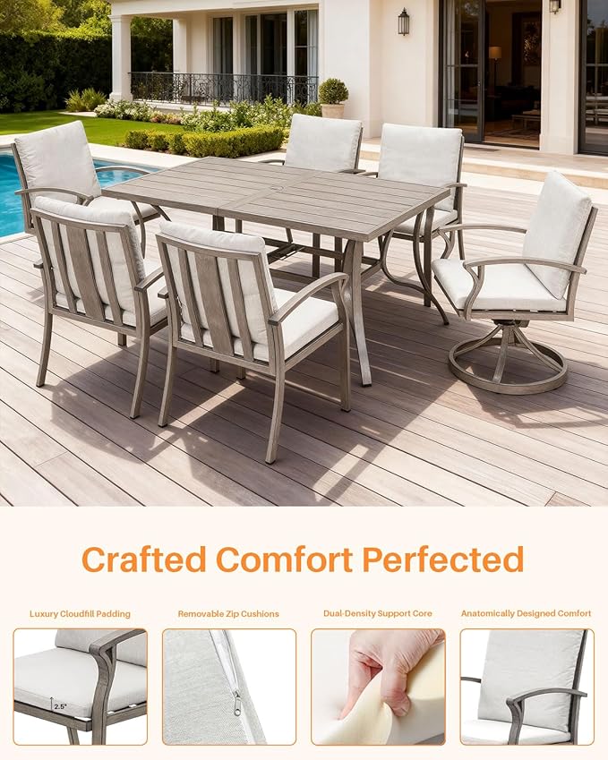 7-Piece Outdoor Dining Set, Aluminum Patio Dining Set with Umbrella Hole, Patio Table Furniture Sets with Cushions, 4 Dining Chairs, and 2 Swivel Chairs for Deck, Garden, Backyard, Limed Oak