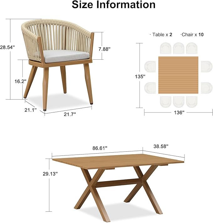PURPLE LEAF 12 Pieces Outdoor Dining Set with Patio Aluminium Dining Table and Wicker Chairs Modern Furniture Cushions Sets for Backyard Indoor Decor Kitchen Teak