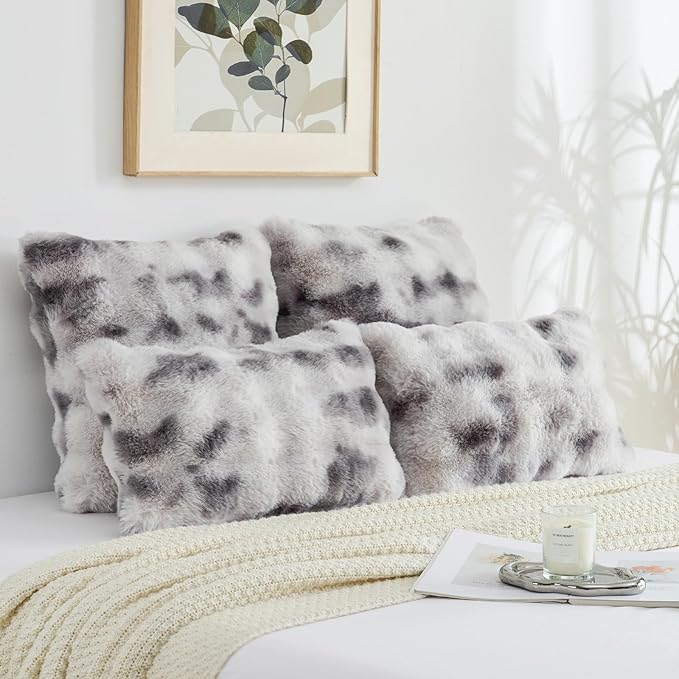 FUTEI Grey White Decorative Throw Pillow Covers 18x18 Inch Set of 2,Soft Fuzzy Faux Rabbit Fur Cushion Covers with Raised Texture,Neutral Boho Home Decor for Couch Bed Living Room