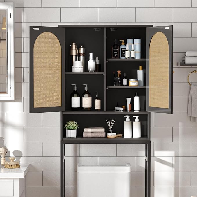Rattan Toilet Storage Cabinet, Over The Rack Wood Cabinet with Metal Stand, Bathroom Organizer with Adjustable Shelf, Tall Freestanding Washer Shelf, Small Cupboard, Black