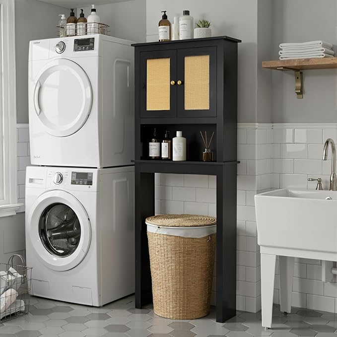Over The Toilet Storage Cabinet, Behind Toilet Bathroom Organizer with Adjustable Shelves, Above Toilet Organizers with Barn Door, Space Saver for Restroom, Bathroom, Laundry