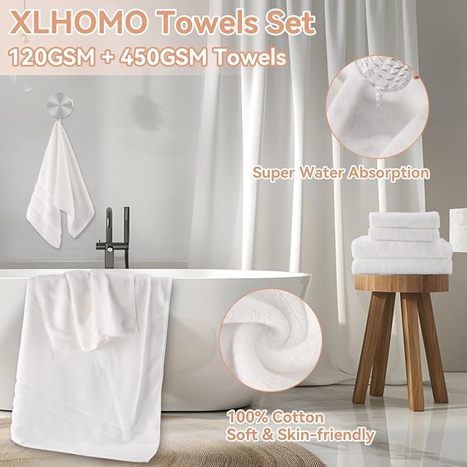White Bathroom Set with Shower Curtain and Bath Towels, Beige Ombre Waterproof Shower Curtain with Stainless Steel Hooks, White Bathroom Accessories Set for Home Decor