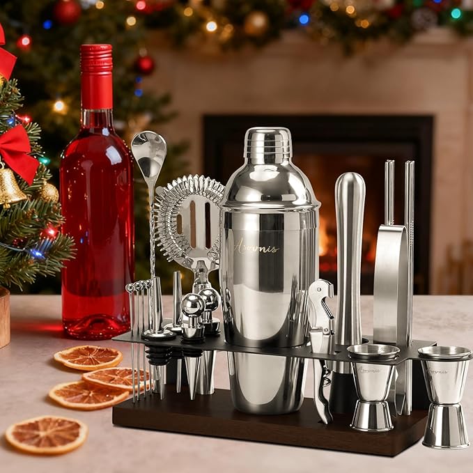 23-Piece Bartender Kit, Cocktail Shaker Set with Stand | Bar Drink Mixer Set with All Essential Bar Tools: Martini Shaker, Jigger, Strainer, Spoon, Muddler, Pourers, for Home, Bar, Party