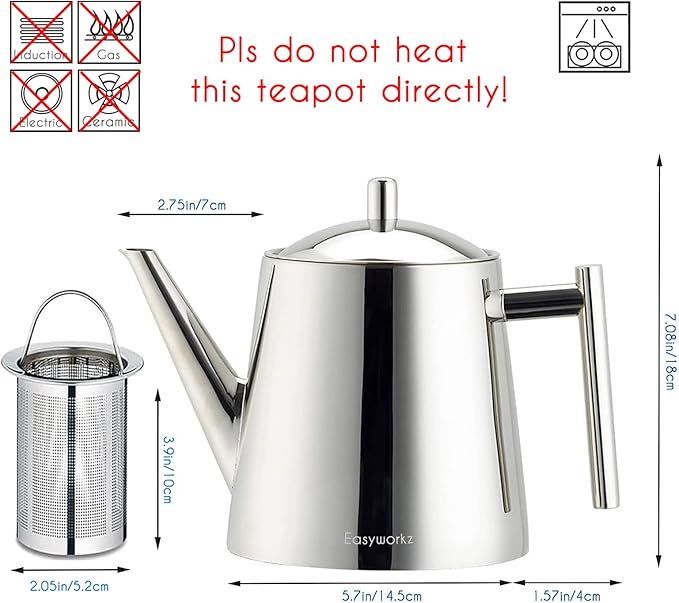Easyworkz Stainless Steel Double Wall 34 oz Tea Pot with Removable Tea Infuser, Perfect for Brewing Your Favorite Tea, Chrome