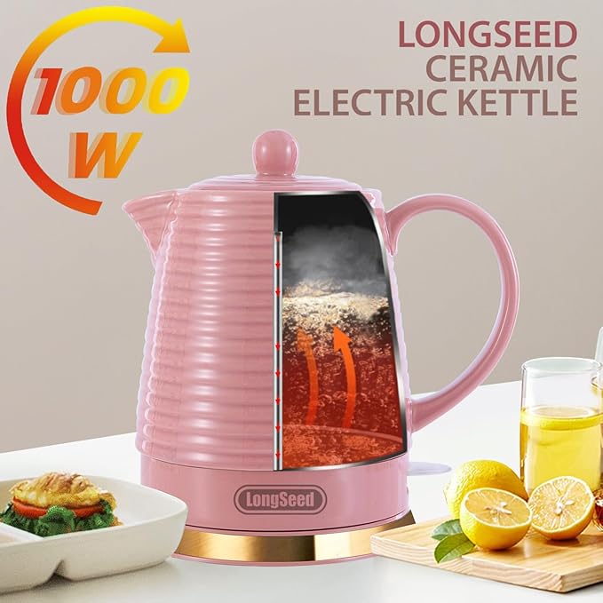 1.2 Liters Ceramic Electric Kettle with Infuser & Mug Set,1000W Fast Boil Water for Tea Coffee, Teapot with Boil-Dry Protection Auto Shut Off, Detachable Swivel Base
