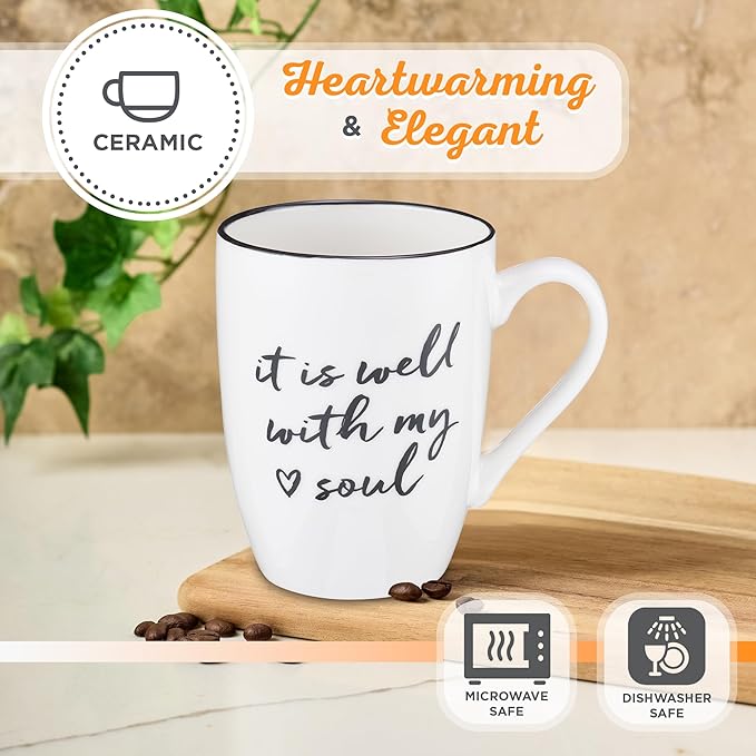 Christian Art Gifts Microwave & Dishwasher Safe Encouraging Ceramic Coffee & Tea Mug for Women & Men: It is Well With My Soul Inspirational Non-toxic Novelty Heart Beverage Cup, White & Black, 12 oz.