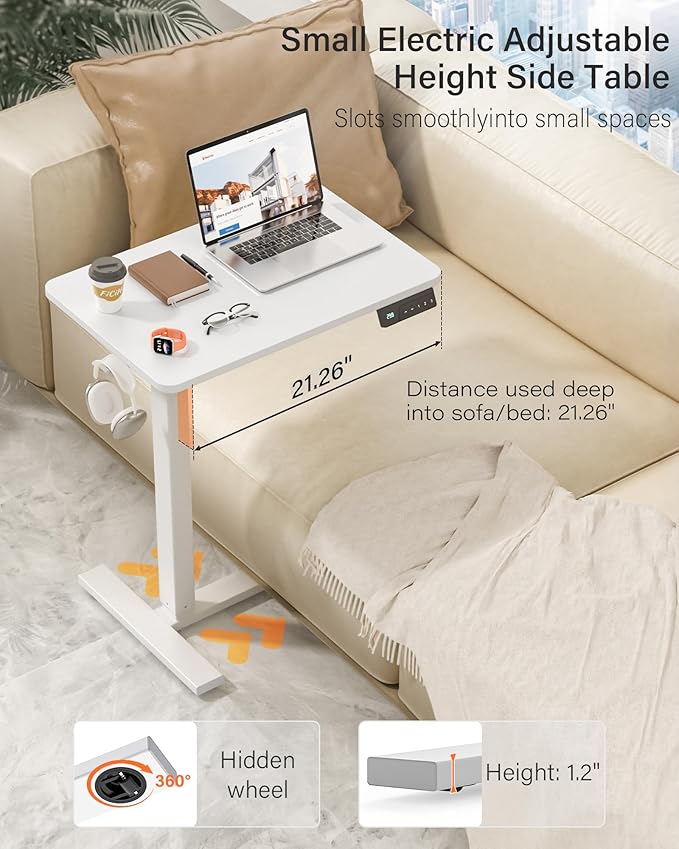 FiCiHi Small Electric Standing Desk - Adjustable Height Bedside Laptop Table with Wheels, Mobile, Portable Rolling Computer Workstation Sit Stand Table for Home Office, Sofa, Couch Use (28x16, White)