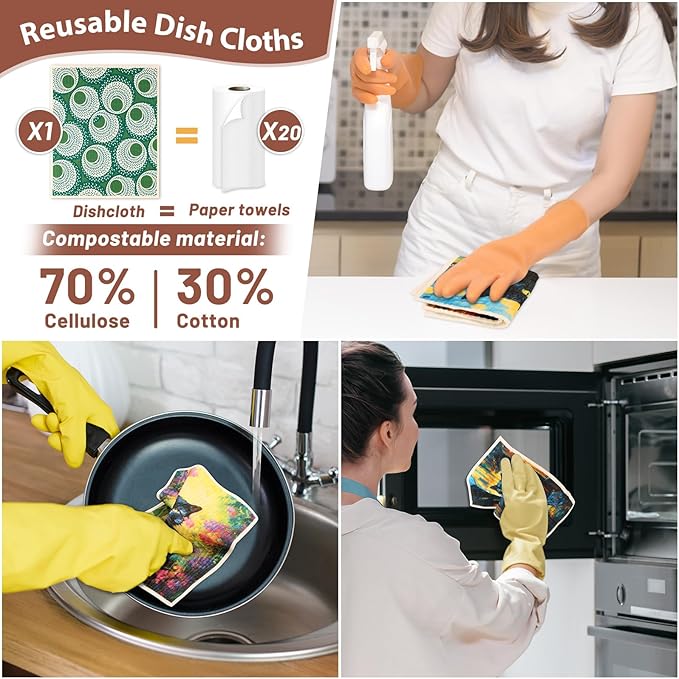 Lucomb 10 Pack Swedish Dishcloth Cellulose Sponge Cloths Bulk, Reusable Absorbent Kitchen Towels Dish Cloths Set Quick Drying Washable for Dishes Counters
