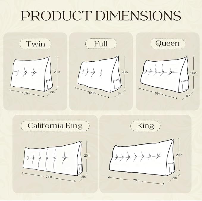 WOWMAX Headboard Pillow Queen Triangular Bed Wedge Pillow for Headboard Wedge Pillow Headboard for Daybed Bunk Bed Cream Bolster Pillow for Bed, Jacquard Satin Fabric 100% Pure Cotton, Light Beige