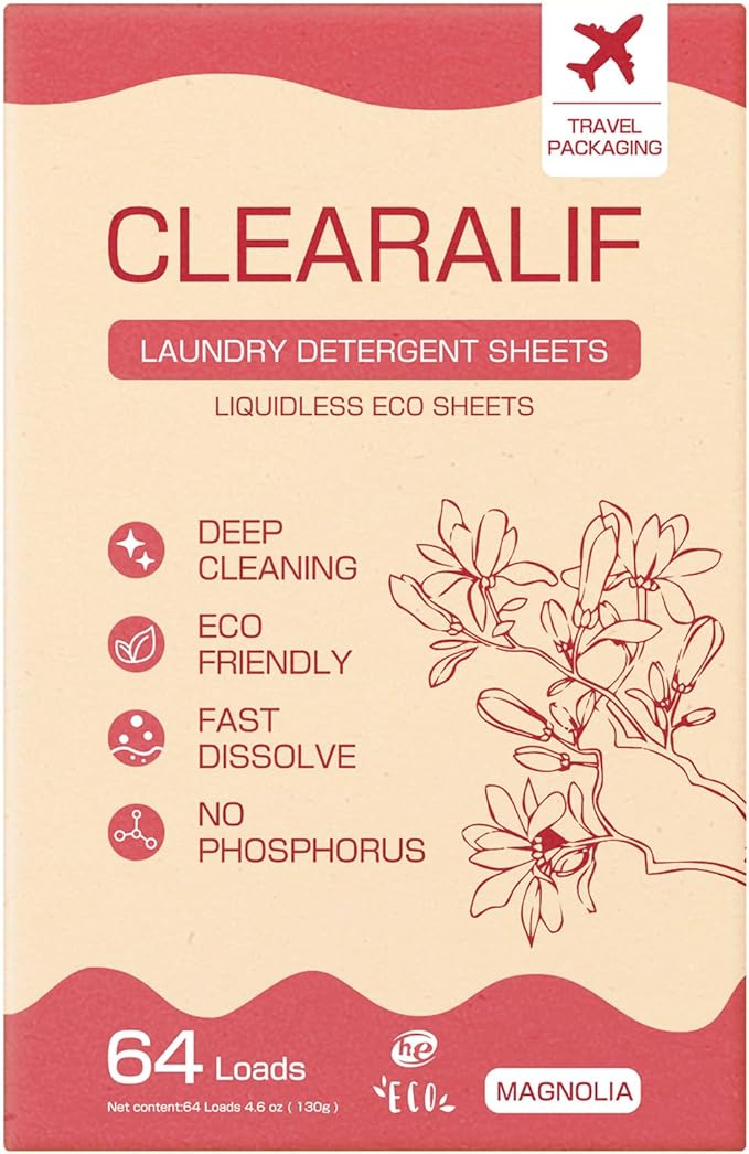 CLEARALIF Laundry Detergent Sheets, Magnolia, 64 Load, CLEARALIF Laundry Detergent Strips Eco Friendly & Hypoallergenic