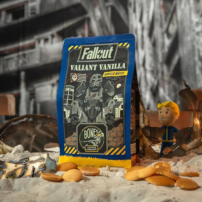 Bones Coffee Company Fallout Valiant Vanilla, Vanilla Wafer Flavored Coffee, Medium Roast Low Acid Arabica Beans Compatible with Auto drip and French Press Coffee Maker, 12 Oz Ground