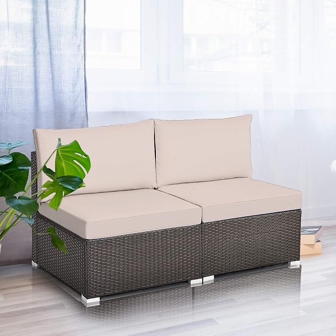 COSTWAY 2PCS PE Rattan Armless Sofa, Wicker Patio Conversation Set Chairs with Soft Cushion, Outdoor Sectional Furniture for Yard, Poolside (Beige)