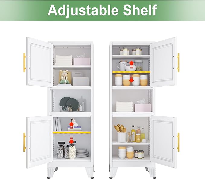47.24" H Metal Narrow Bathroom Storage Cabinet Pantry Storage Cabinet, 2 Adjustable Shelves for Kitchen, Home Office, Living Room, Dinning Room (White)