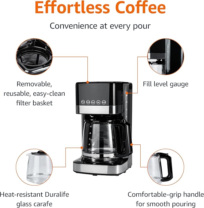 Amazon Basics Programmable 12 Cup Drip Coffee Maker, Coffee Machine with Glass Coffee Pot (1.9 Qt), Auto Shut-off, Touch Screen, Auto Pause, Removable Filter Basket, Black & Silver