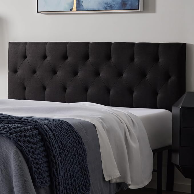 Lucid Mid-Rise Upholstered Headboard - Diamond Tufted - Padded Polyester - Adjustable Height from 34” to 46” - Easy Assembly - Bed Frame or Wall Mount - Sturdy - Black - King / Cal King Size