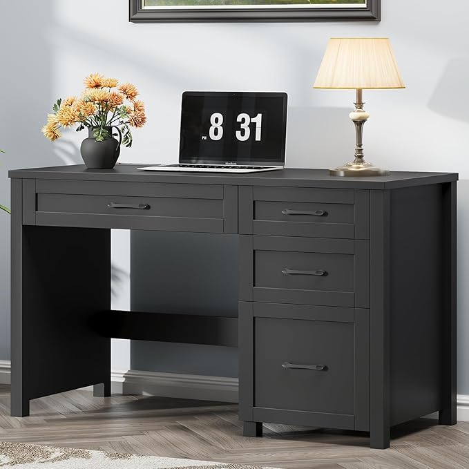 Vabches Farmhouse 47" Executive Desk, Computer Desk with File Drawer and Charging Station, Workstation for Home Office, Study,Pure Black.