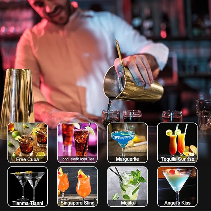 Cocktail Shaker Set, 23-Piece Boston Stainless Steel Bartender Kit with Acrylic Stand & Cocktail Recipes Booklet, Professional Bar Tools for Drink Mixing, Home, Bar, Party - Gold