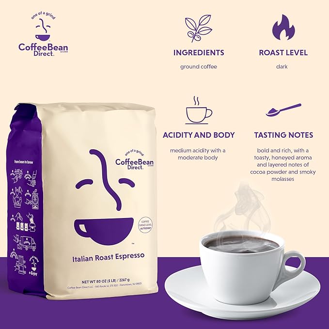 Coffee Bean Direct Italian Roast Espresso, Ground Coffee, Dark Roast, 5 Pound Bag (Pack of 1)