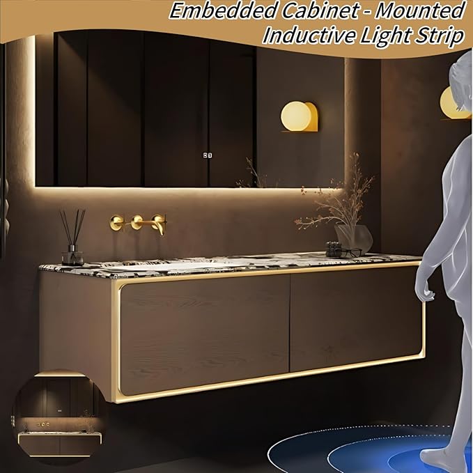68IN Bathroom Vanity Set with a Single Sink - Embedded Sensor Light Strip & Large Capacity Floating Cabinet | Modern Bathroom Vanities with Defogging Mirror Surface & LED Lighting (Mirror Cabinet)
