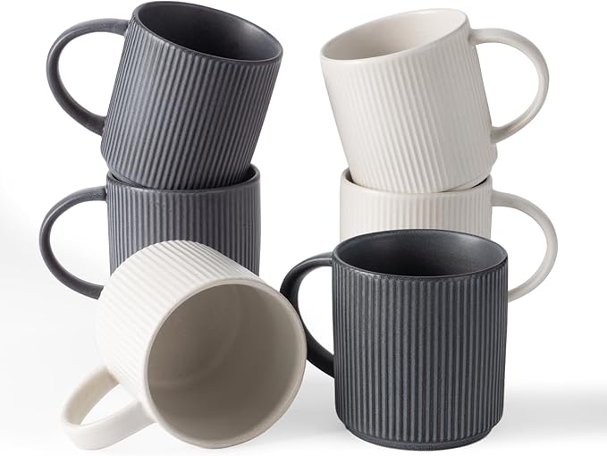 famiware Coffee Mug Set for 6, Star 12 oz Catering Mugs Cup Set with Handle for Coffee, Tea, Cocoa, Milk - Ceramic Stoneware Drinkware Set, Matte White + Matte Black
