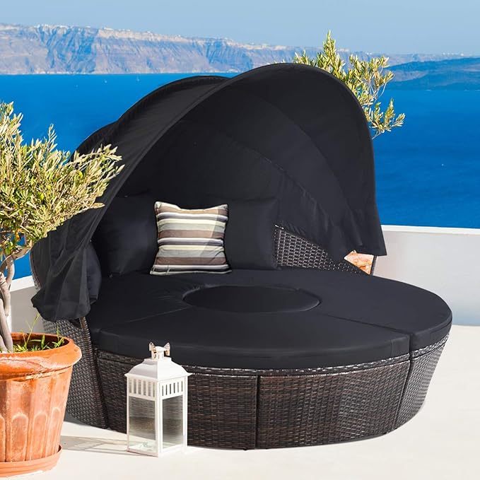 COSTWAY Patio Round Daybed with Retractable Canopy, Wicker Furniture Sectional Couch with Separate Cushioned Seats, Adjustable Table Top, Patio Rattan Daybed Sofa for Backyard, Poolside, Black