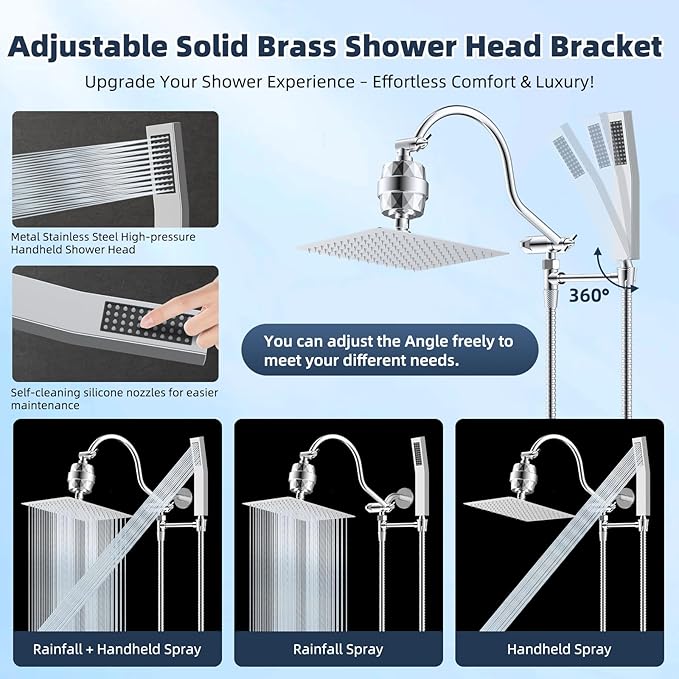 Hibbent All Metal 10'' Filtered Rainfall Shower Head Combo, High Pressure Handheld Shower Wand, 12'' Adjustable Curved Extension Arm, 20 Stage Shower Filter, 71'' Hose, Shower Head Holders, Chrome