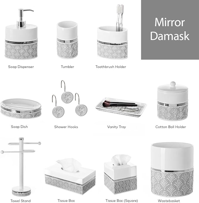 Creative Scents Mirror Damask Soap Dish for Bathroom, Decorative Dry Bar Holder, Best Dishes for Sink/Bath/Shower Decor (Gray & White)