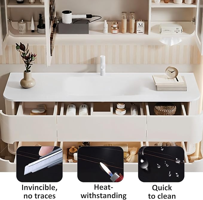 52IN Bathroom Vanity - Bathroom Vanity with Sink with Intelligent Induction Light | Wall-Mounted Bathroom Vanity with Intelligent LED Mirror Cabinet & 6 Drawers, Cream Color