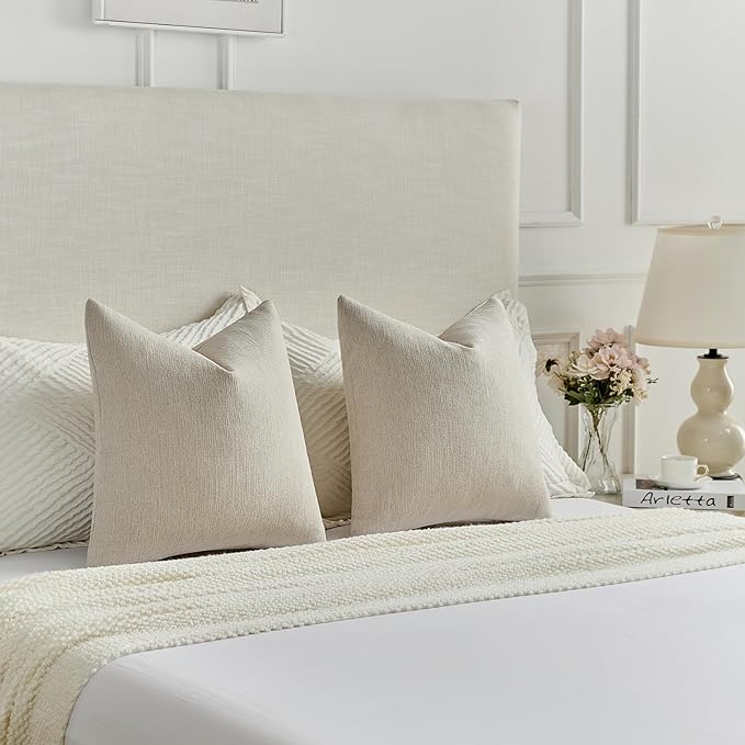FUTEI Beige Chenille Decorative Throw Pillow Covers 22x22 Inch Set of 2,Soft Cozy Faux Linen Textured Cushion Case,Farmhouse Home Decor for Couch Living Room