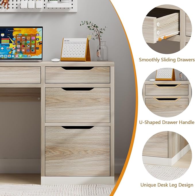 52 Inch Desk with 4 Drawers, Computer Desk with Storage File Cabinet for Bedroom, Small Office Desk with Storage for Small Space, White and Walnut