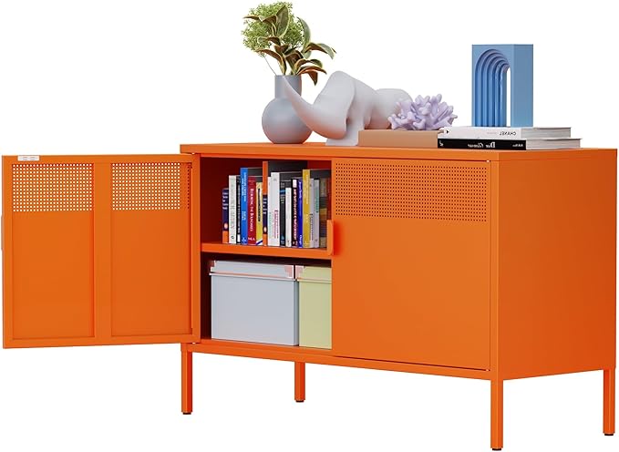 Orange Wide Metal Locker Storage Cabinet, 2 Door Metal Accent Cabinet for Home and Office, 2 Tier Low Metal Cabinet with Doors and Shelf, Multipurpose Metal Tv Stand Cabinet