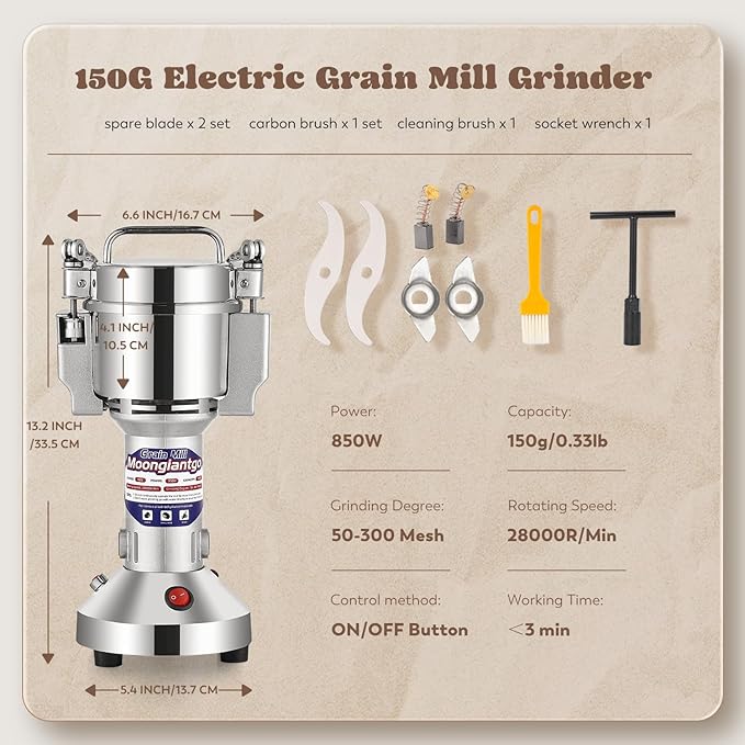 Moongiantgo Grain Mill Grinder Electric 150g Commercial Spice Grinder 850W Stainless Steel Pulverizer Dry Grinding Machine for Wheat Corn Rice Pepper Herbs Coffee Beans (150g Upright, 110V)