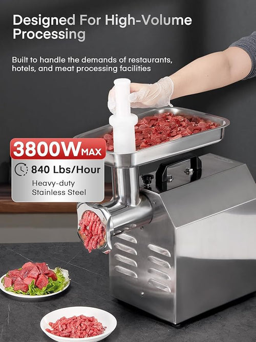 #12 Commercial Meat Grinder, 840 LB/H,1.2HP, Heavy Duty Industrial Meat Grinder, Sausage Stuffing Machine with 2 Stainless Steel Blade, 2 Grinding Plates, Sausage Kit (#12-840LB/H)