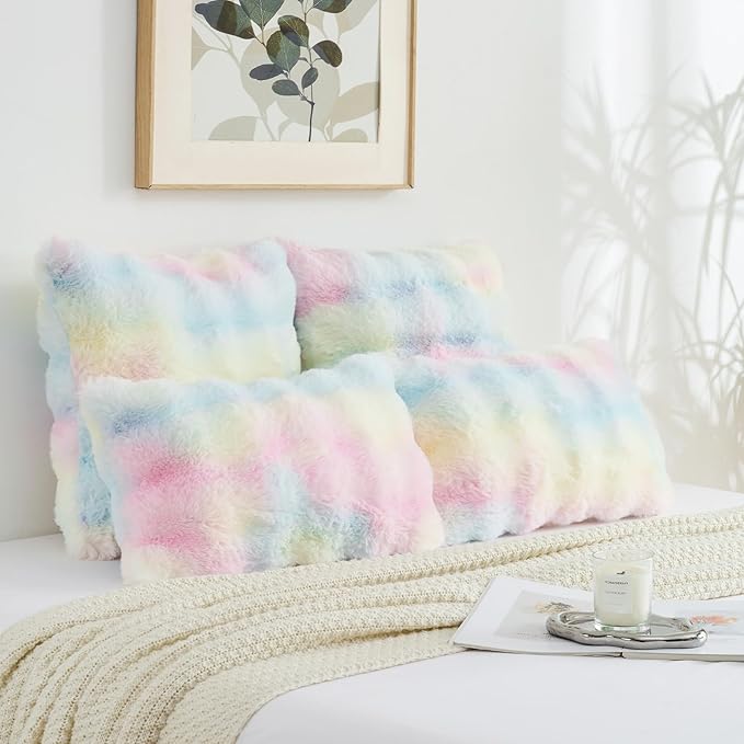 FUTEI Rainbow Decorative Throw Pillow Covers 12x20 Inch Set of 2,Soft Fuzzy Faux Rabbit Fur Pillow Case with Raised Texture,Neutral Boho Home Decor for Couch Bed Living Room