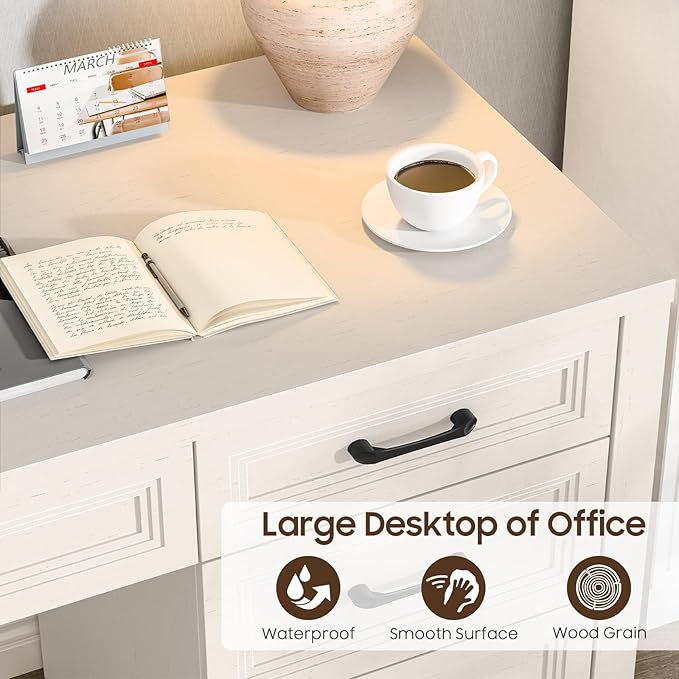 Vabches Farmhouse Executive Desk with Storage and Ample File Drawer, Rustic Large Home Writing Desk for Bedroom, Pure White