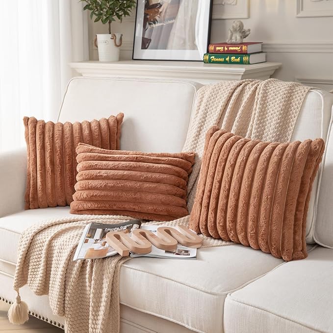 DEELAND Pack of 2,Double-Sided Faux Fur Plush Decorative Throw Pillow Covers Fuzzy Striped Soft Pillowcase Cushion Covers for Sofa Couch Bedroom Brown 18x18 inch