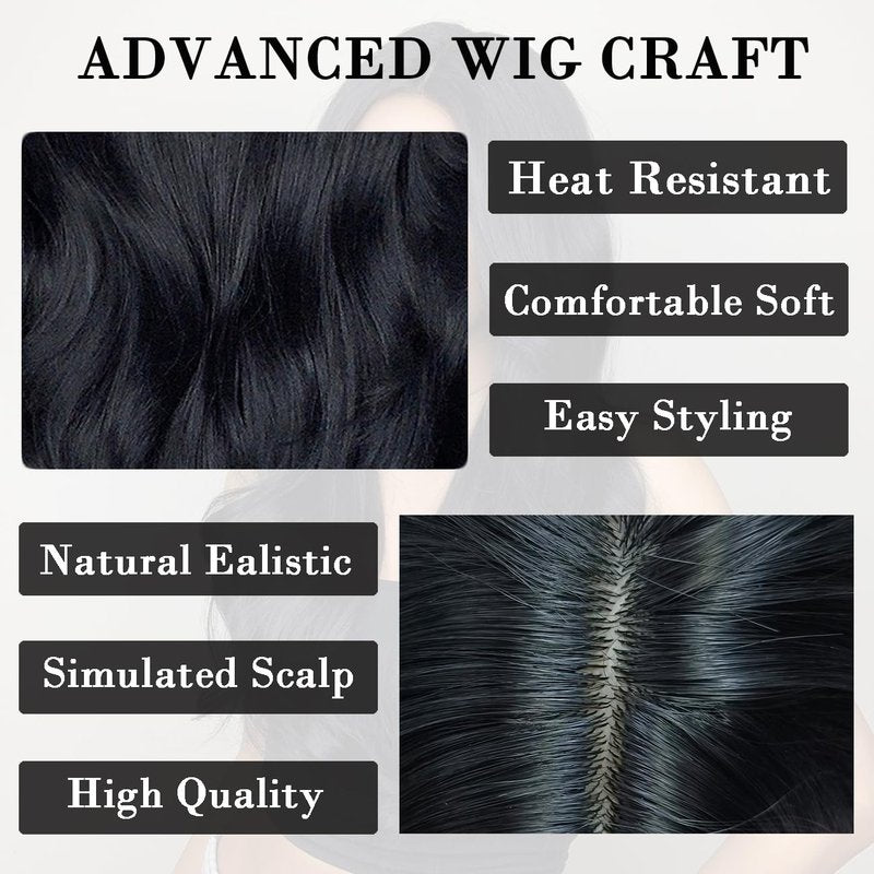 Doremiy Long Black Brown Wavy Hair Wigs for Women Natural Synthetic Curly Wig Heat Resistant Fiber Wigs for Daily Cosplay