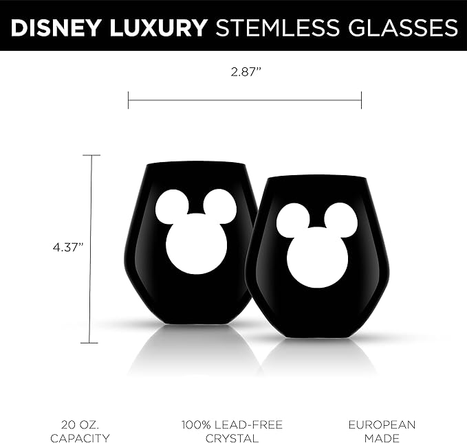 JoyJolt Disney Luxury Mickey Mouse Stemless Wine Glasses Set. 2x European Crystal Glass Drinking Glasses. Premium Xmas Stuff, Gifts and Cups. 20oz Black Wine Glass, Disney Wine Glass