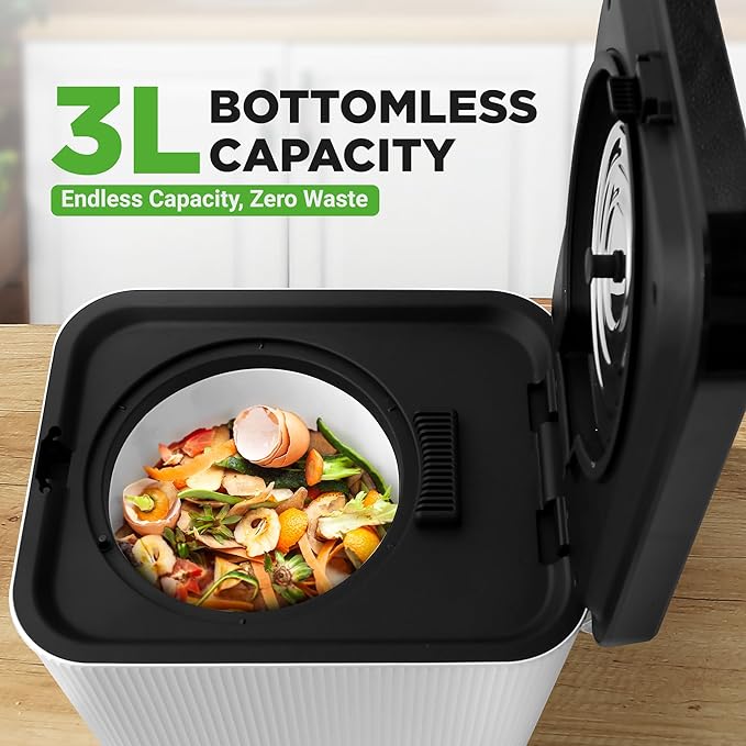 NutriChef Electric Kitchen Composter | 3 Quart Food Recycler | Food Waste Compost Bin for Countertop | 1 Button to Compost, Easy to Clean Composter Bucket | Low Noise, Odorless & Auto Clean | White