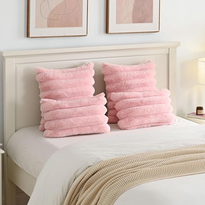 FUTEI Pink Decorative Throw Pillow Covers 24x24 Inch Set of 2, Square Soft Faux Rabbit Fur Thick Striped European Cushion Covers,Winter Home Decor for Couch Bed Living Room