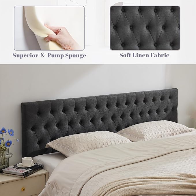 Kingfun Tufted Upholstered King Size Bed Headboard in Modern Button Design, Adjustable Solid Wood Head Board, Premium Linen Fabric Padded Headboards in Bedroom (Dark Grey)
