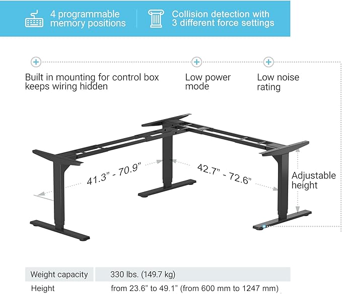 Progressive Automations Standing Desk Corner Frame. Adjustable Height and Width Legs with Triple Electric Motors for Home Office L Shaped Desk FLT-05 Black