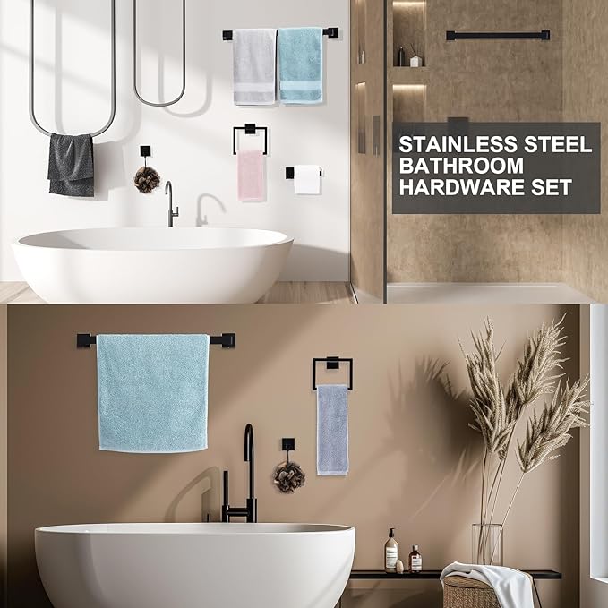 Gisafai 35 Pcs Bathroom Hardware Accessories Set 23.6 Inch Bath Towel Bar Kit Stainless Steel Bathroom Hardware Set Towel Racks Ring Hooks Paper Holder for Wall Mounted (Black)